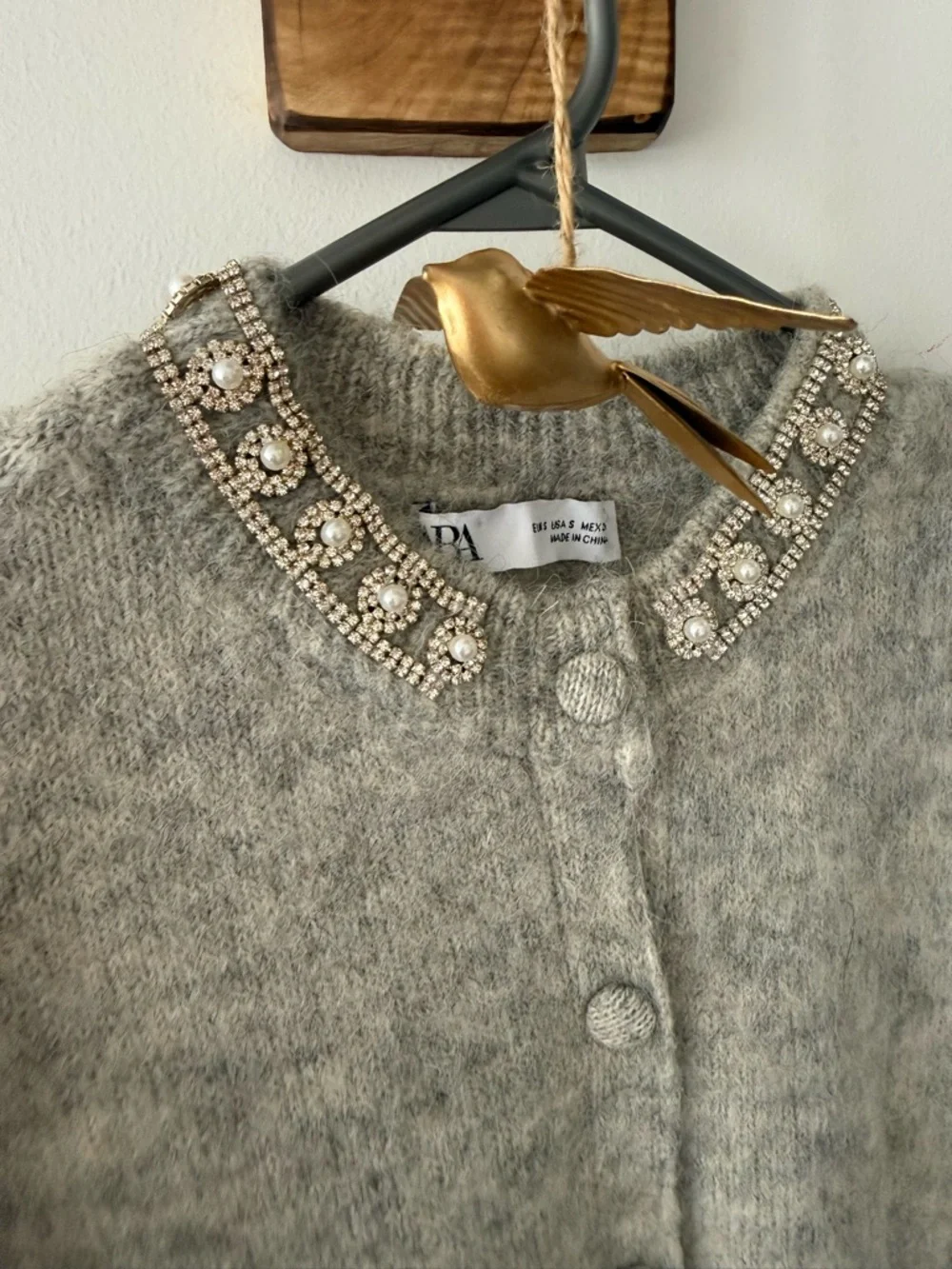 Zara Embellished Collar Short-Sleeve Mohair Blend Cardigan - Gray - Picture 3 of 6